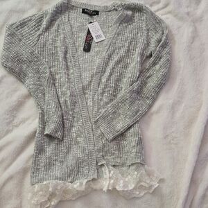 Silver Women's Cardigan with Lace Hem
